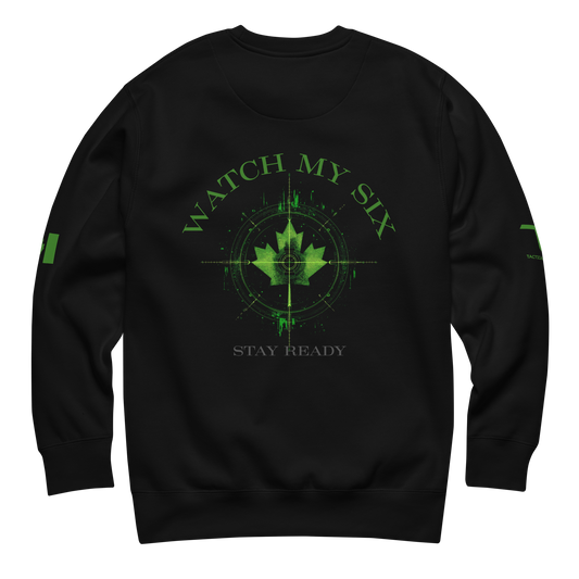 Watch My Six – Stay Ready black sweatshirt with night-vision rifle scope back graphic and Canadian flag sleeve, exclusive Tactical Motive design
