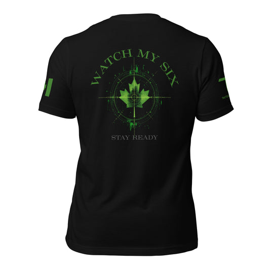 Back detail of Watch My Six T-shirt showing night-vision rifle scope graphic