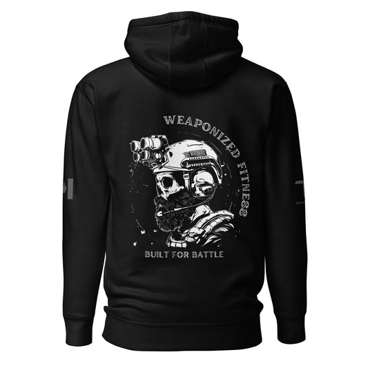 Weaponized Fitness – Built for Battle black hoodie with skull and combat helmet design, bold slogan, Canadian flag sleeve, Tactical Motive design