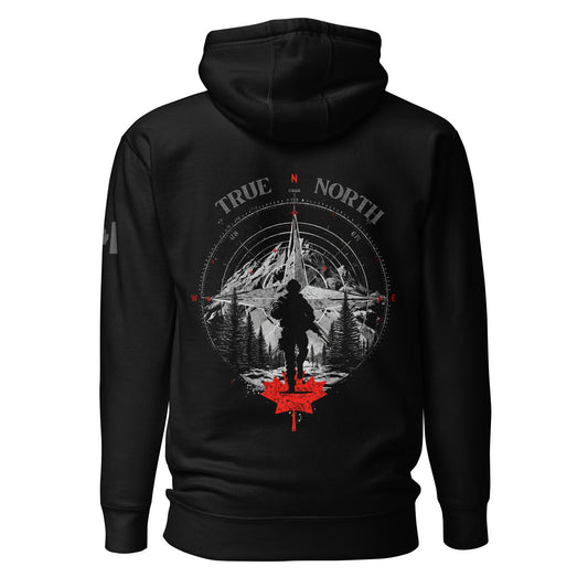 True North black hoodie featuring soldier silhouette, compass design, and maple leaf — Canadian patriotic apparel by Tactical Motive.