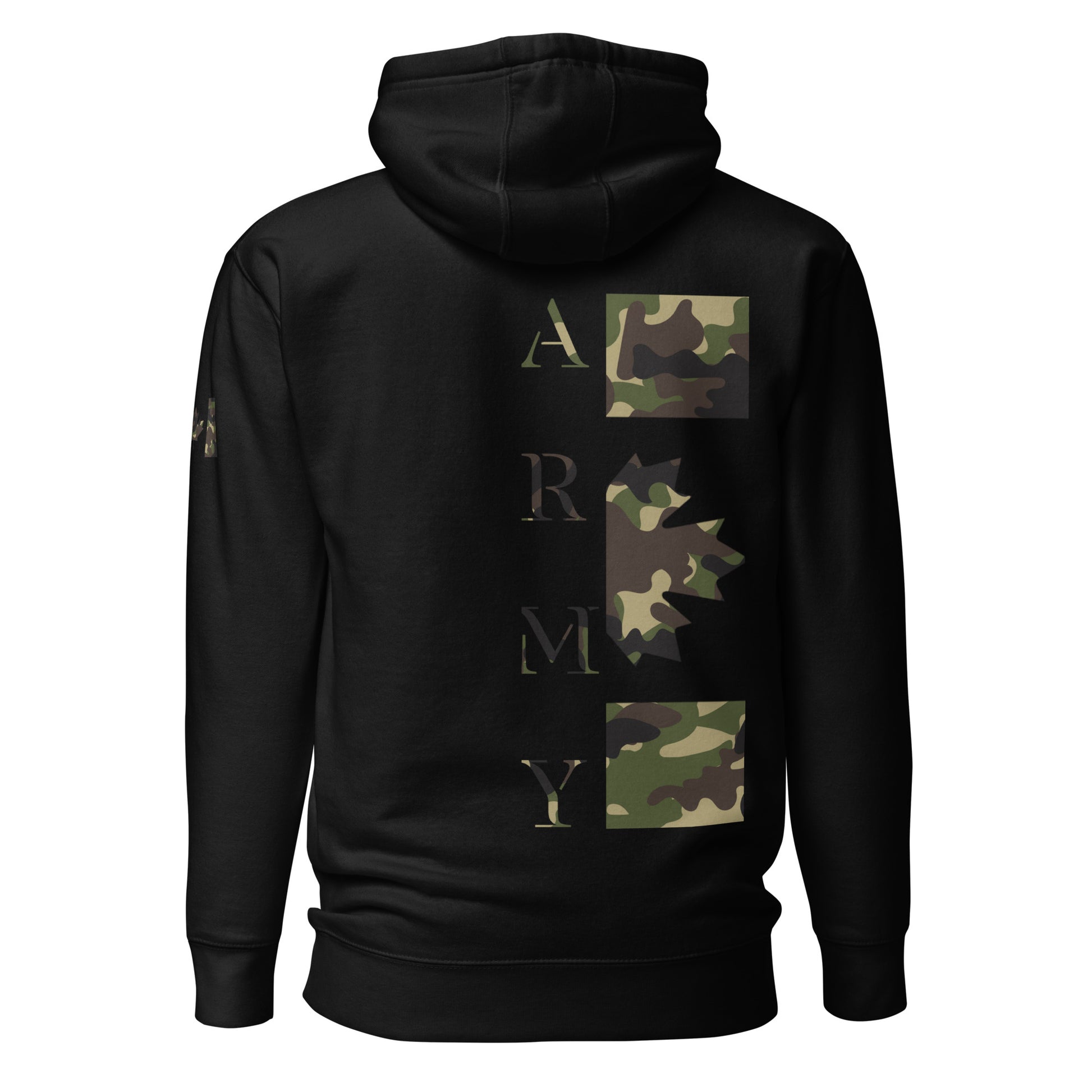 Black ARMY Hoodie with camouflage back print and Canadian flag sleeve — patriotic Canadian tactical hoodie by Tactical Motive.