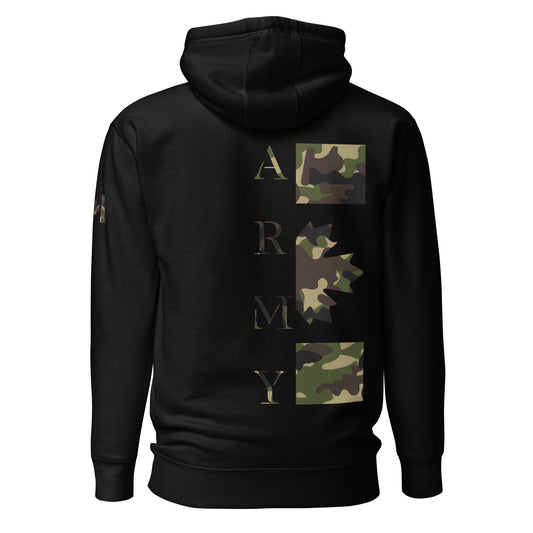 Black ARMY Hoodie with camouflage back print and Canadian flag sleeve — patriotic Canadian tactical hoodie by Tactical Motive.