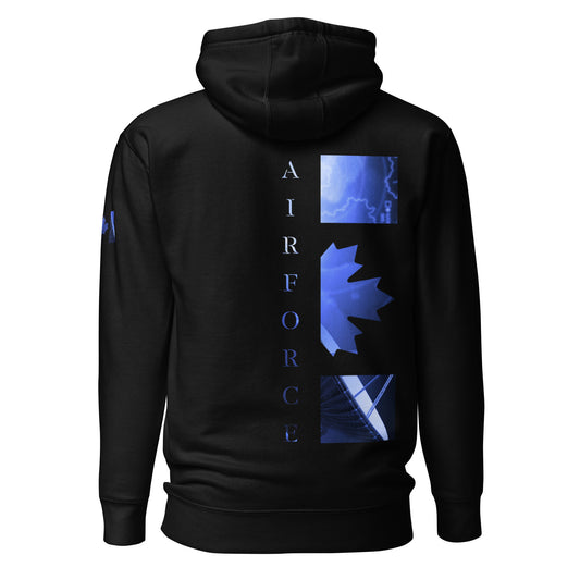Black AIR FORCE Hoodie with light blue radar overlay, aircraft silhouette, and Canadian flag sleeve — patriotic Canadian tactical hoodie by Tactical Motive.