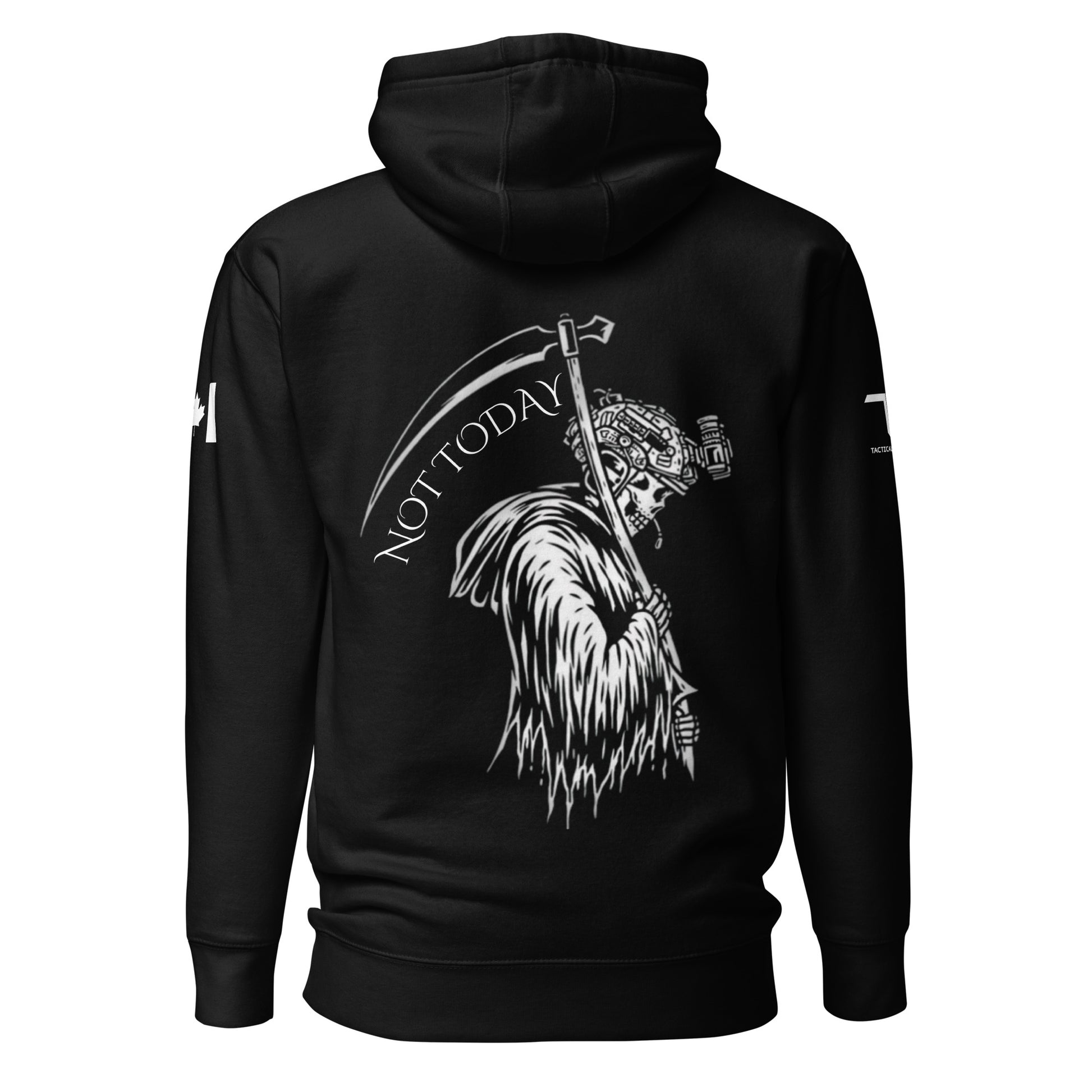 NOT TODAY Hoodie with Grim Reaper wearing tactical helmet, holding scythe, and “Not Today” text below — patriotic tactical hoodie by Tactical Motive.