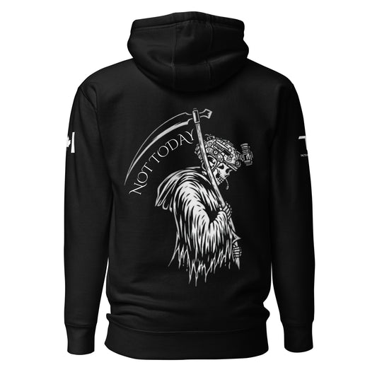 NOT TODAY Hoodie with Grim Reaper wearing tactical helmet, holding scythe, and “Not Today” text below — patriotic tactical hoodie by Tactical Motive.