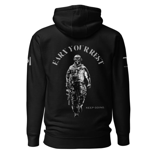 EARN YOUR REST / KEEP GOING Hoodie featuring skull soldier in combat uniform, Canadian flag sleeve — patriotic tactical hoodie by Tactical Motive.