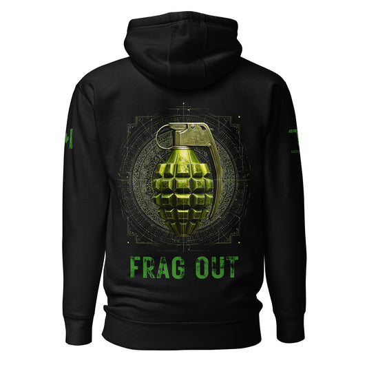 The FRAG OUT Hoodie by Tactical Motive showcases a vibrant green grenade with blueprint accents, flag on one sleeve, and Tactical Motive logo on the other — a bold emblem of readiness and strength.