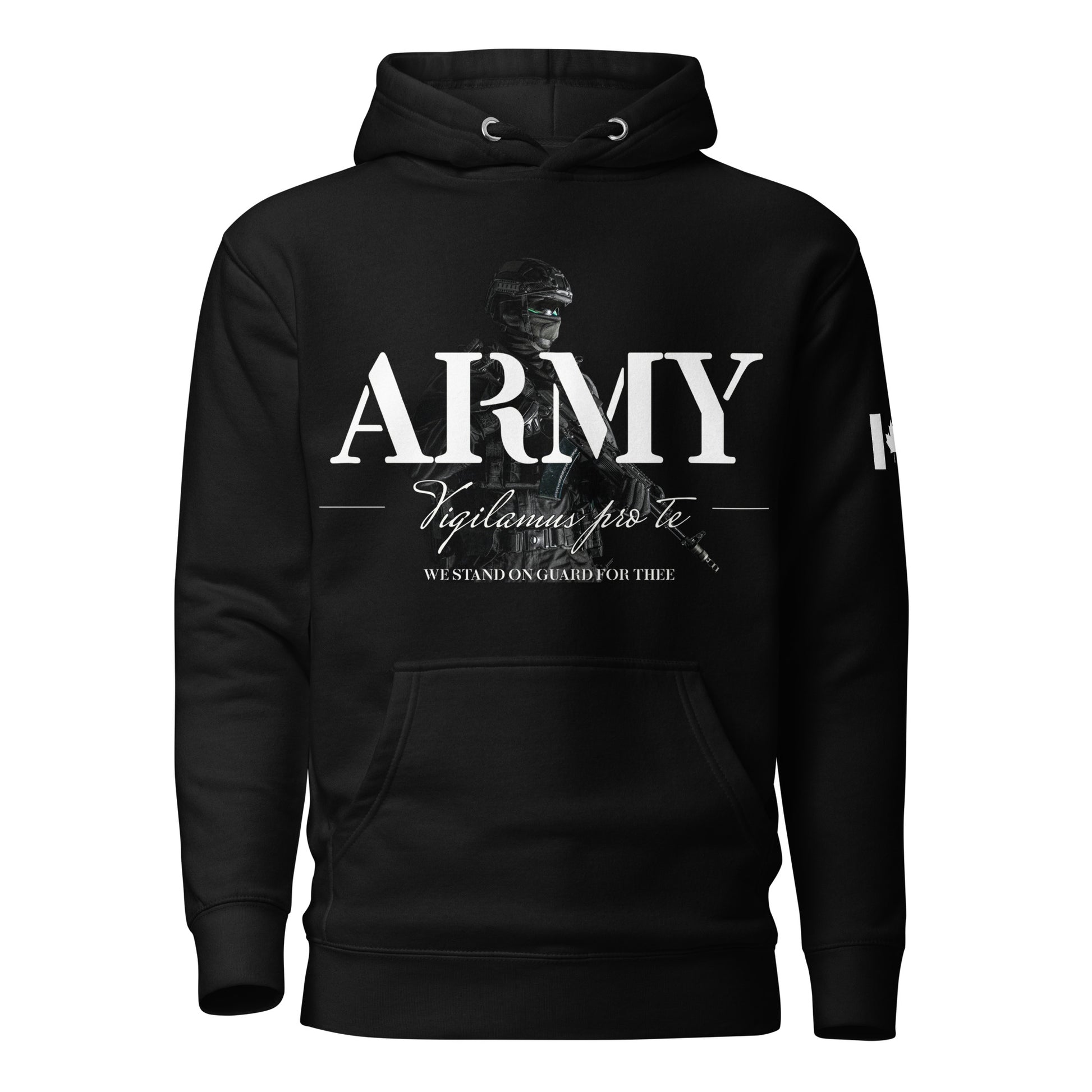 Black ARMY hoodie with Latin motto Vigilamus Pro Te (“We Stand on Guard for Thee”) and soldier backdrop — Canadian patriotic tactical hoodie by Tactical Motive.