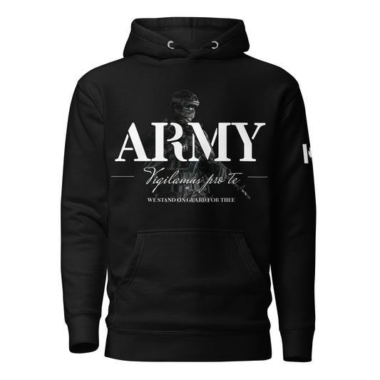 Black ARMY hoodie with Latin motto Vigilamus Pro Te (“We Stand on Guard for Thee”) and soldier backdrop — Canadian patriotic tactical hoodie by Tactical Motive.