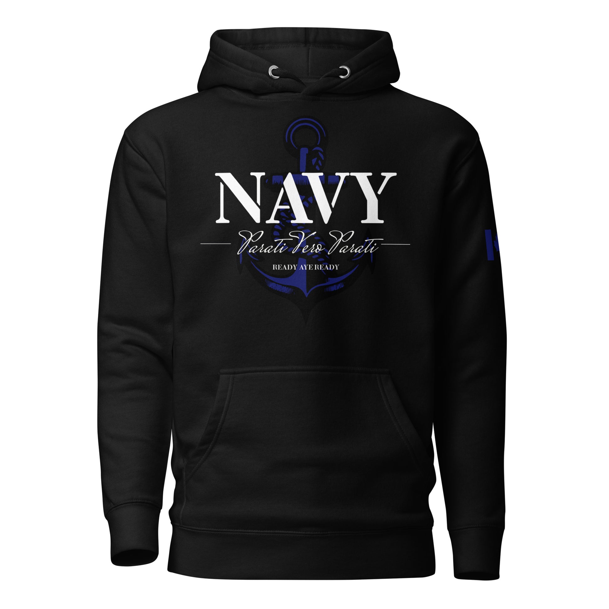 Black NAVY hoodie with anchor backdrop, Latin motto Parati Vero Parati (“Ready Aye Ready”), and Canadian flag sleeve print — patriotic tactical hoodie by Tactical Motive.