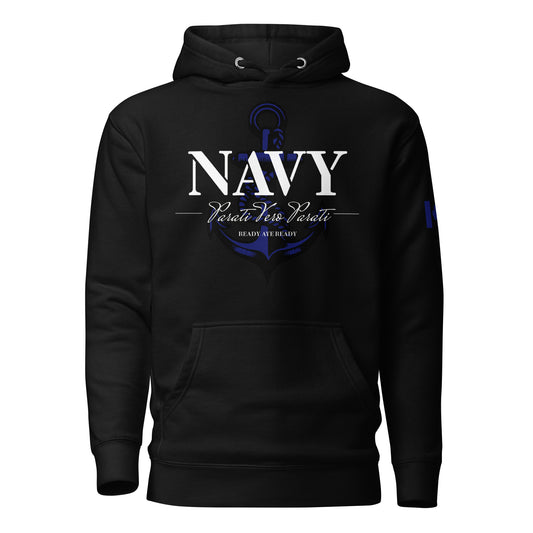 Black NAVY hoodie with anchor backdrop, Latin motto Parati Vero Parati (“Ready Aye Ready”), and Canadian flag sleeve print — patriotic tactical hoodie by Tactical Motive.