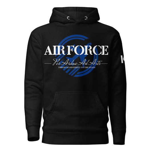 Black AIR FORCE hoodie with aircraft backdrop, Latin motto Per Ardua Ad Astra (“Through Adversity to the Stars”), and Canadian flag sleeve print — patriotic tactical hoodie by Tactical Motive.