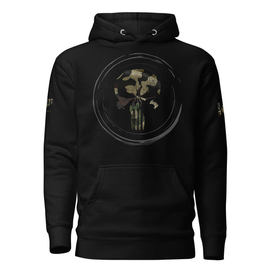 Tactical Skull Hoodie featuring Punisher-style skull with army camo overlay, camo Canadian flag and logo sleeves — patriotic tactical hoodie by Tactical Motive.