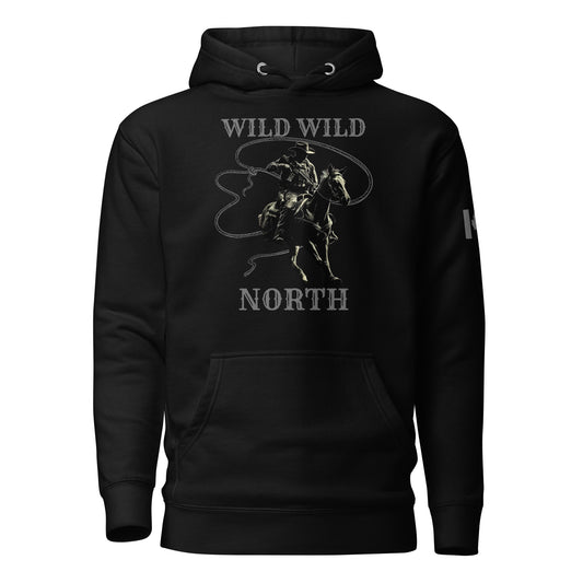 WILD WILD NORTH Hoodie featuring tactical soldier on horseback silhouette with Canadian flag and logo sleeves — patriotic tactical hoodie by Tactical Motive.