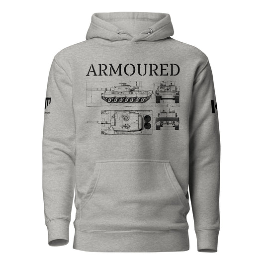 ARMOURED Hoodie featuring Leopard 2 tank blueprint design and bold text — Canadian tactical hoodie by Tactical Motive.