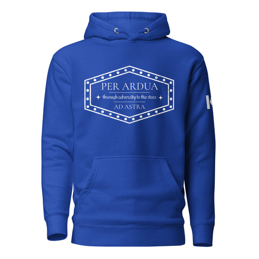 Per Ardua Ad Astra black hoodie, Latin motto “Through Adversity to the Stars,” subtle Air Force-inspired design, Tactical Motive exclusive