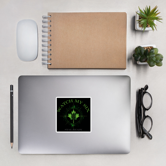 Watch My Six – Stay Ready kiss-cut vinyl sticker with night-vision scope graphic and Canadian tactical design