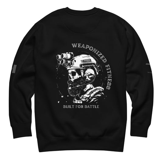 Weaponized Fitness – Built for Battle black sweatshirt with skull and combat helmet graphic, bold slogan, Canadian flag sleeve, Tactical Motive design