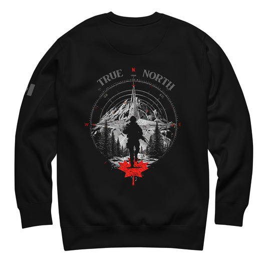 True North black sweatshirt with soldier silhouette, mountain and compass design, and maple leaf — Canadian patriotic apparel by Tactical Motive.