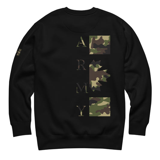 Black ARMY Sweatshirt with camouflage back print and Canadian flag sleeve — Canadian tactical crewneck by Tactical Motive.