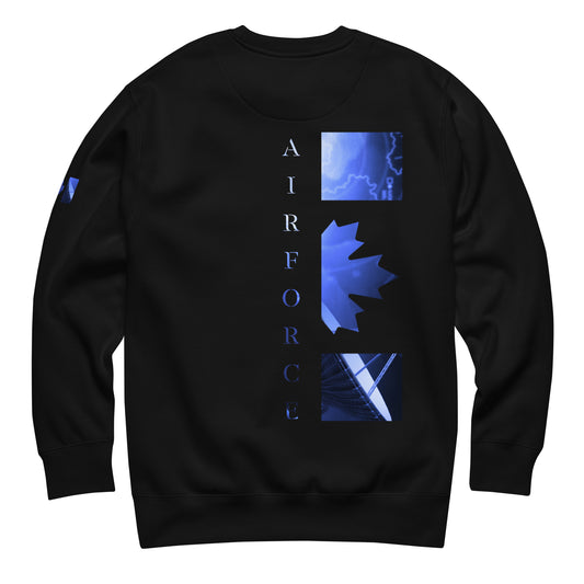 Black AIR FORCE Sweatshirt with light blue radar overlay, aircraft silhouette, and Canadian flag sleeve — Canadian tactical crewneck by Tactical Motive.