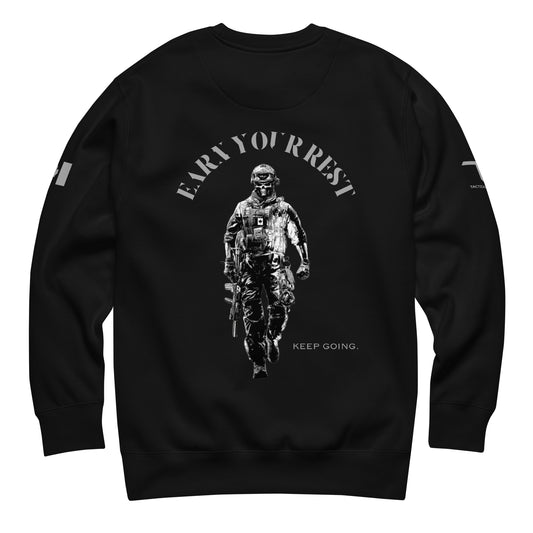 EARN YOUR REST / KEEP GOING Sweatshirt featuring skull soldier in combat uniform, Canadian flag sleeve — Canadian tactical crewneck by Tactical Motive.