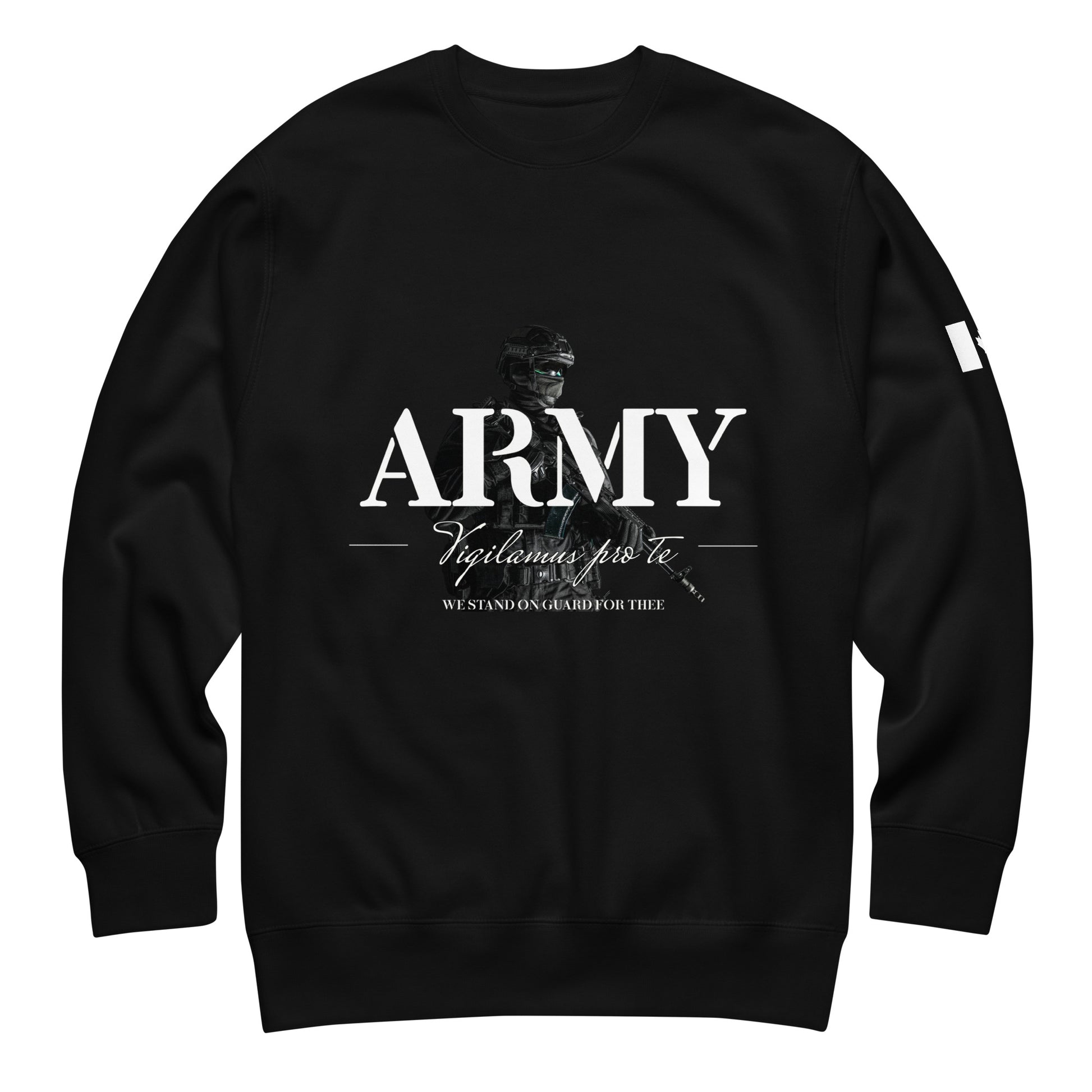 Black ARMY sweatshirt with Latin motto Vigilamus Pro Te (“We Stand on Guard for Thee”) and soldier backdrop — Canadian tactical crewneck by Tactical Motive.