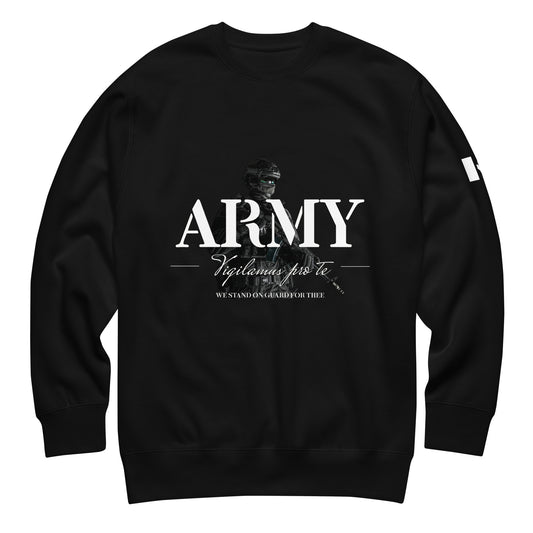 Black ARMY sweatshirt with Latin motto Vigilamus Pro Te (“We Stand on Guard for Thee”) and soldier backdrop — Canadian tactical crewneck by Tactical Motive.