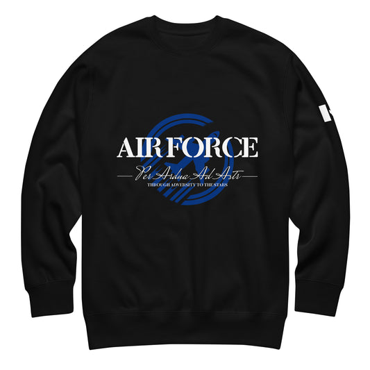 Black AIR FORCE sweatshirt with aircraft backdrop, Latin motto Per Ardua Ad Astra (“Through Adversity to the Stars”), and Canadian flag sleeve print — tactical crewneck by Tactical Motive.