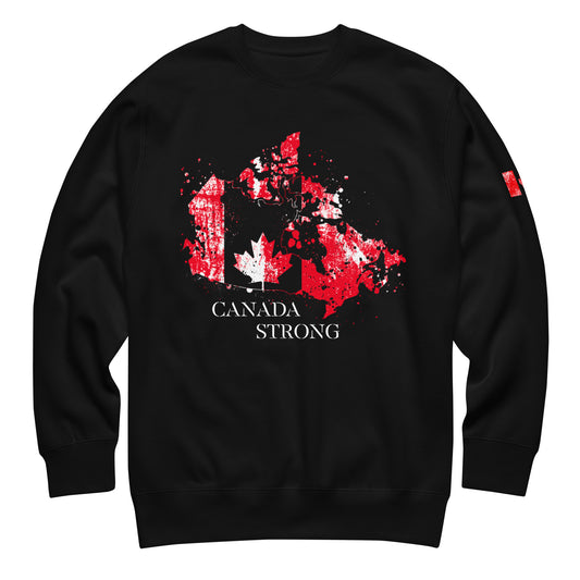 CANADA STRONG Sweatshirt with distressed red map of Canada, “Canada Strong” text, and distressed flag sleeve — Canadian tactical crewneck by Tactical Motive.