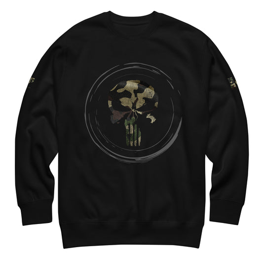Tactical Skull Sweatshirt featuring Punisher-style skull with army camo overlay, camo Canadian flag and logo sleeves — Canadian tactical crewneck by Tactical Motive.
