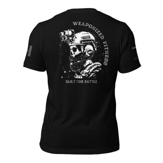 Weaponized Fitness – Built for Battle T-shirt, black, skull with combat helmet centerpiece, bold slogan, Canadian flag sleeve, Tactical Motive design