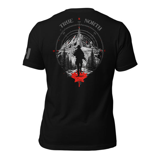 True North T-shirt with soldier silhouette, mountain and tree backdrop, compass design, and maple leaf — Canadian patriotic apparel by Tactical Motive.