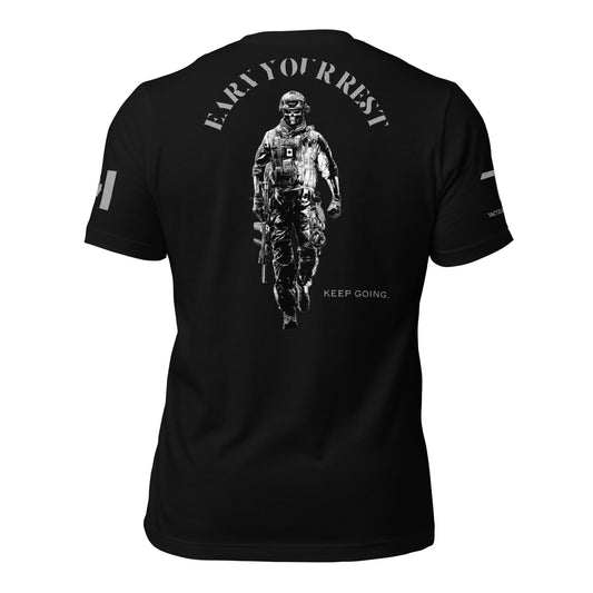 EARN YOUR REST / KEEP GOING T-Shirt featuring skull soldier in tactical gear, Canadian flag sleeve — patriotic tactical apparel by Tactical Motive.