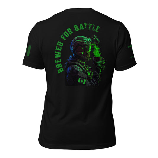 Brewed for Battle T-shirt featuring skull soldier with night vision goggles and steaming coffee mug, black background — Tactical Motive Canada.
