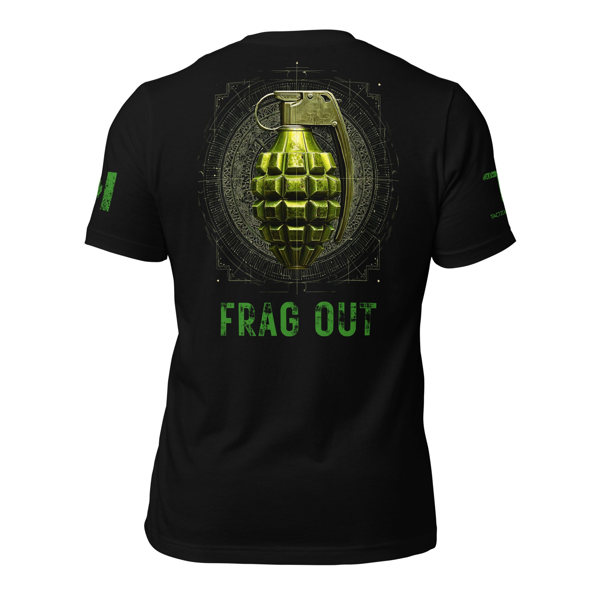 The FRAG OUT T-Shirt by Tactical Motive features a vibrant green grenade with blueprint detailing, flag on the sleeve, and logo emblem — built for strength, precision, and purpose.