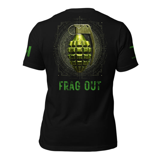 The FRAG OUT T-Shirt by Tactical Motive features a vibrant green grenade with blueprint detailing, flag on the sleeve, and logo emblem — built for strength, precision, and purpose.
