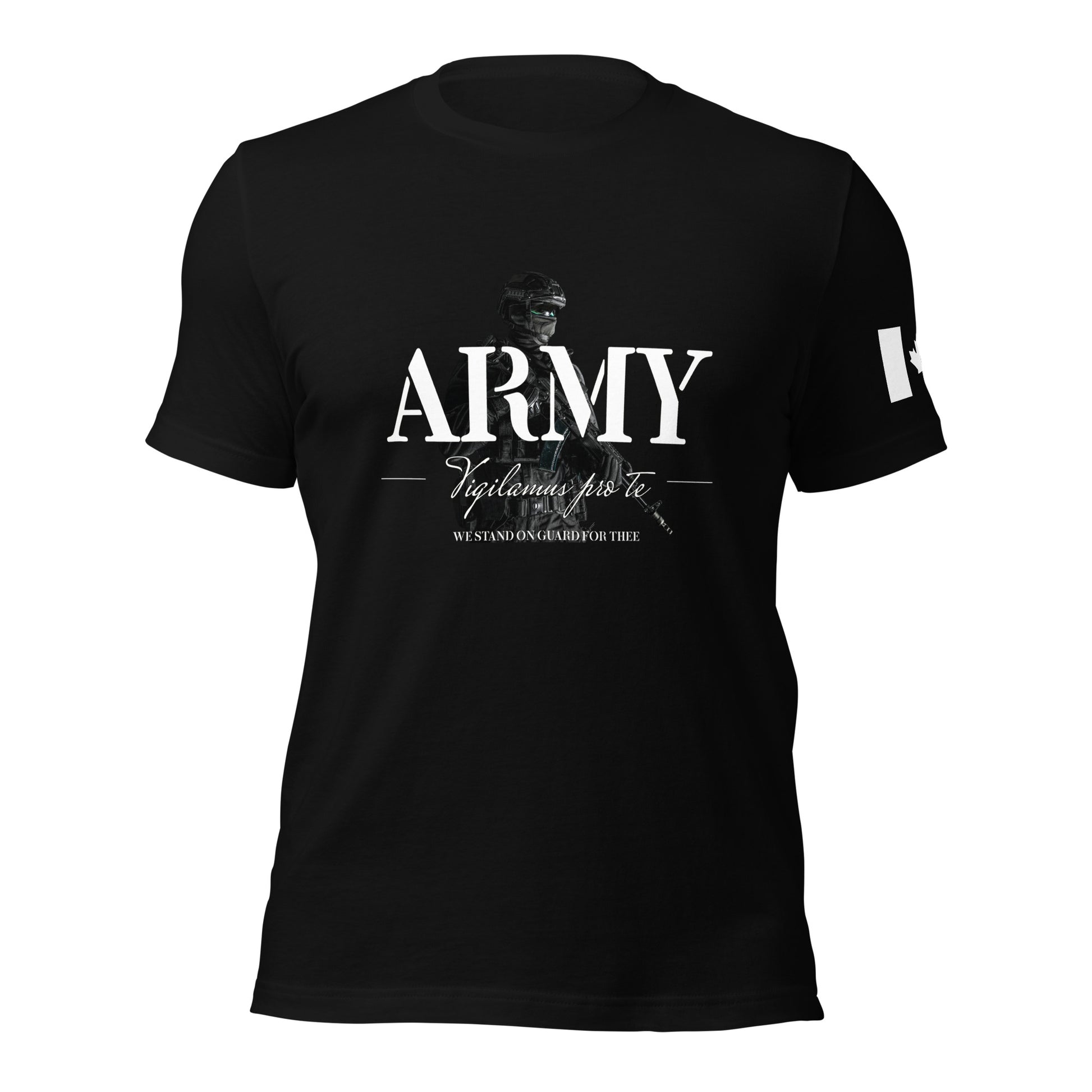 ARMY T-Shirt with bold lettering, Latin motto Vigilamus Pro Te (“We Stand on Guard for Thee”), and soldier backdrop — Canadian tactical apparel by Tactical Motive.