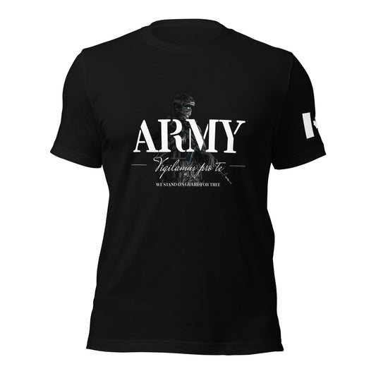 ARMY T-Shirt with bold lettering, Latin motto Vigilamus Pro Te (“We Stand on Guard for Thee”), and soldier backdrop — Canadian tactical apparel by Tactical Motive.