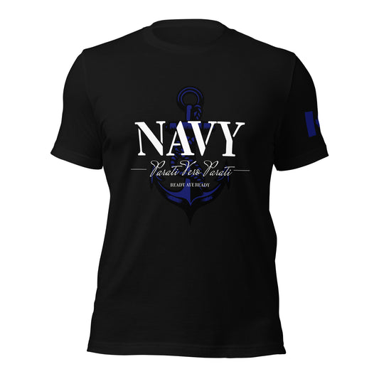 NAVY T-Shirt with anchor backdrop, Latin motto Parati Vero Parati (“Ready Aye Ready”), and Canadian flag sleeve print — patriotic apparel by Tactical Motive.
