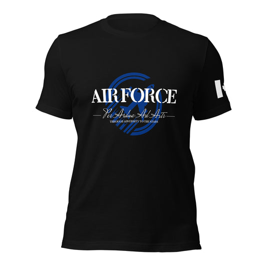 AIR FORCE T-Shirt with aircraft backdrop, Latin motto Per Ardua Ad Astra (“Through Adversity to the Stars”), and Canadian flag sleeve print — patriotic apparel by Tactical Motive.