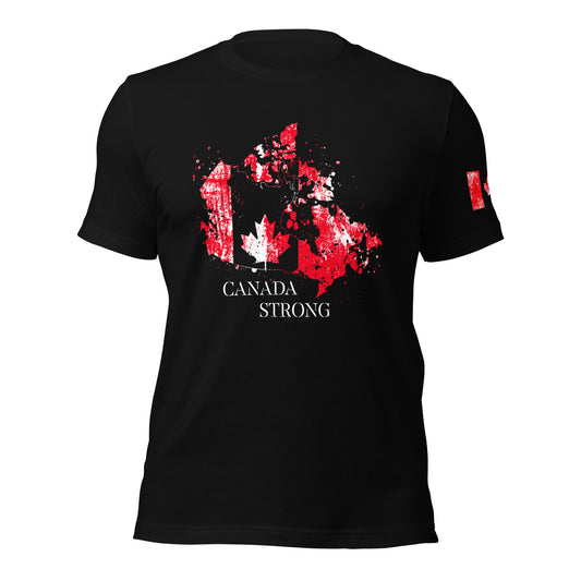 CANADA STRONG T-Shirt with distressed red map of Canada, “Canada Strong” text, and distressed flag sleeve — patriotic apparel by Tactical Motive.