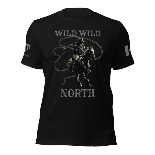 WILD WILD NORTH T-Shirt featuring tactical soldier on horseback silhouette with Canadian flag and logo sleeve — patriotic tactical apparel by Tactical Motive.