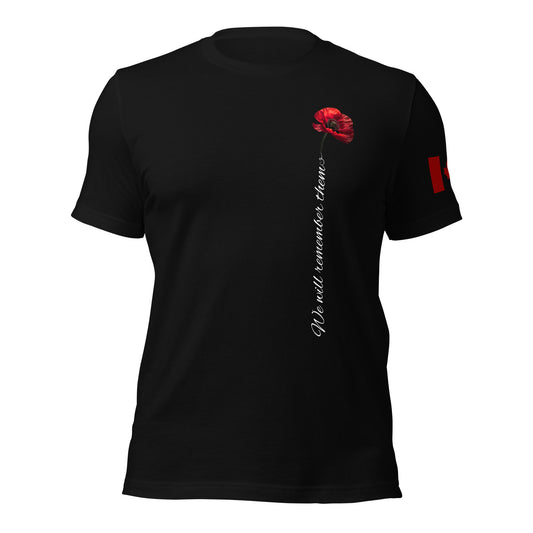 Remembrance Day T-shirt featuring red poppy and calligraphy text “We Will Remember Them” running vertically, with Canadian flag on left sleeve — respectful tribute by Tactical Motive.