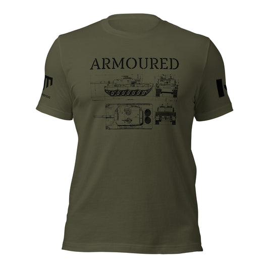 ARMOURED T-Shirt featuring Leopard 2 tank blueprint design and bold text — Canadian tactical apparel by Tactical Motive.