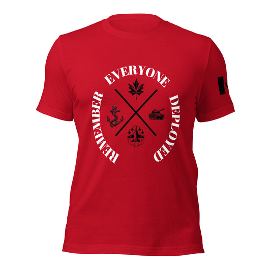 RED Friday T-shirt featuring “Remember Everyone Deployed” design with Army, Navy, and Air Force symbols, Canadian patriotic apparel by Tactical Motive